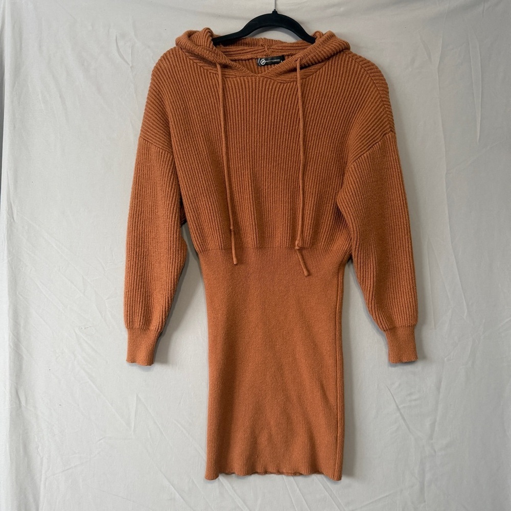 Pretty Garden Womens Hooded Ribbed Sweater Dress Size S Cognac Bodycon Stretch